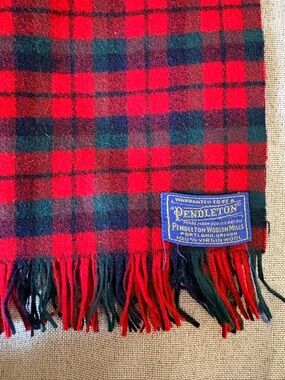 Vintage Pendleton Plaid Virgin Wool Scarf Red Black Green Fringe Made in USA